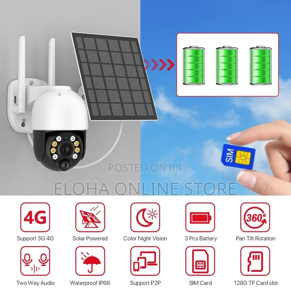 4G LTE Cellular Security Camera Includes SD&amp;2 SIM Cards, 2K Solar Outdoor Cam Wireless Without WiFi Needed, 360° Live View, Color Night Vision, PIR Motion Detection&amp;Siren Alert, 2 Way Talk, IP66