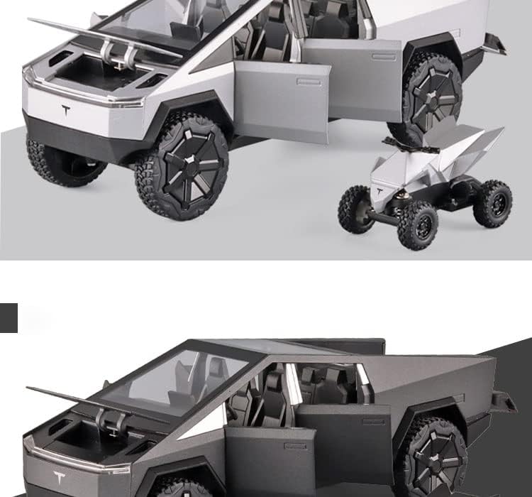 Toy Car 1:24 Tesla Cybertruck Pickup With Motorcycle Alloy Car Model Diecast Toy Vehicle Sound and Light Simitation Cars Model Toys Gift