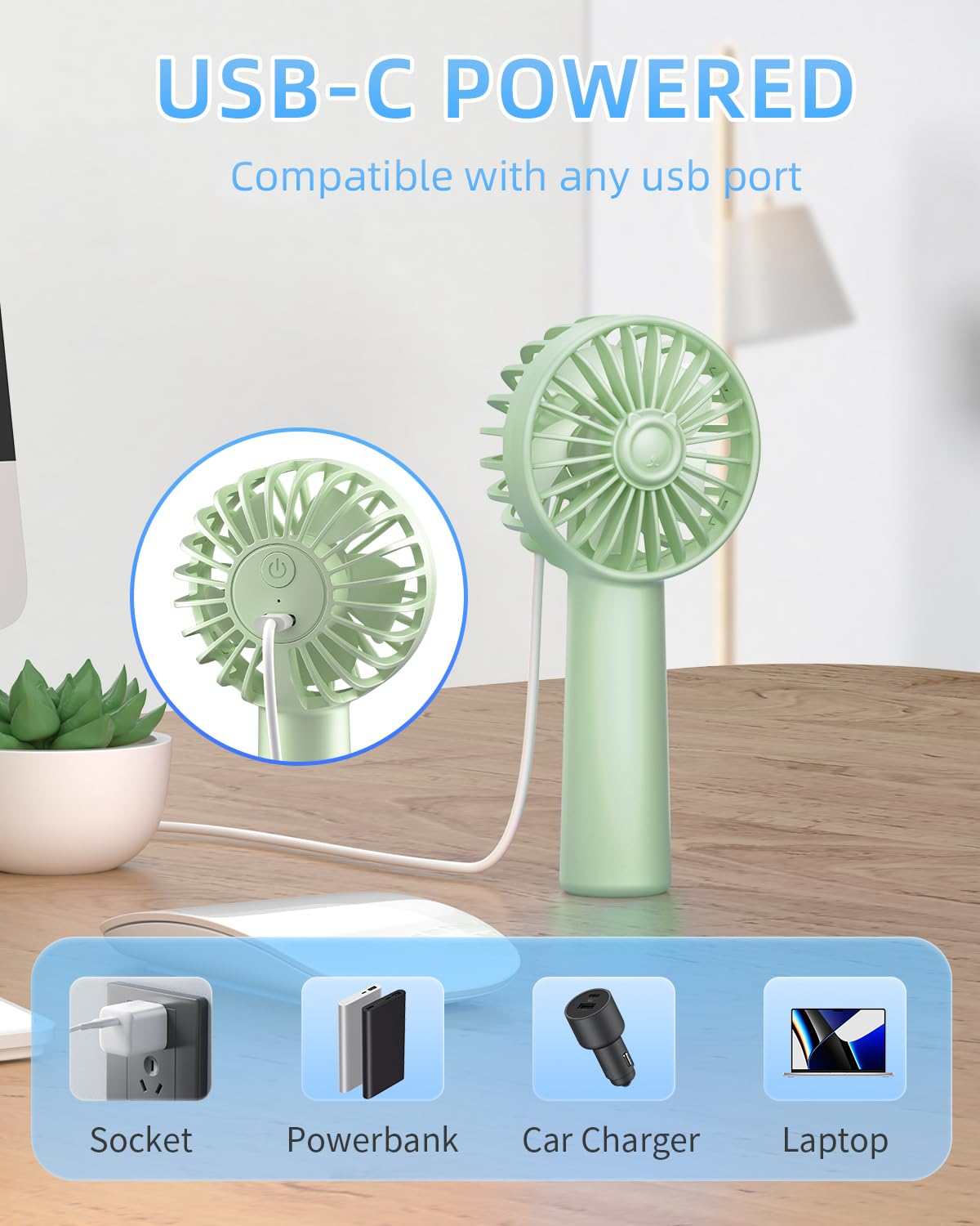 Padom Handheld Mini Fan Battery Operated Small Personal Portable Fan Speed Adjustable USB Rechargeable Fan for Kids Girls Women Men Home Office Indoor Outdoor Travelling