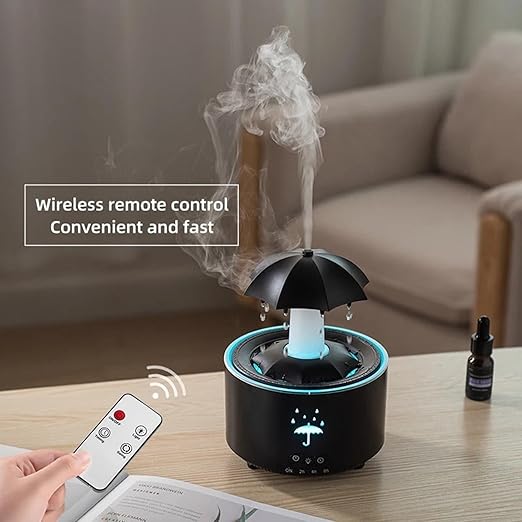 Umbrella Humidifier, Umbrella Diffuser with Rain Effect, Rotating Umbrella Drop 7-Color LED Aromatherapy Diffuser, 300ml Essential Oil Humidifier with Remote,Auto Shut-Off(White)