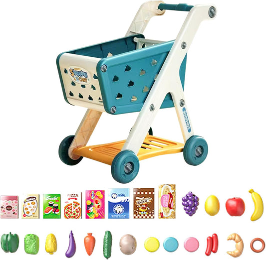 Kids Shopping Cart Trolley Play Set with Pretend Food and Accessories,Toy Shopping Cart Trolley for Kids Baby with Play Foods, Grocery Shopping Cart Playing Pretend Games&nbsp;