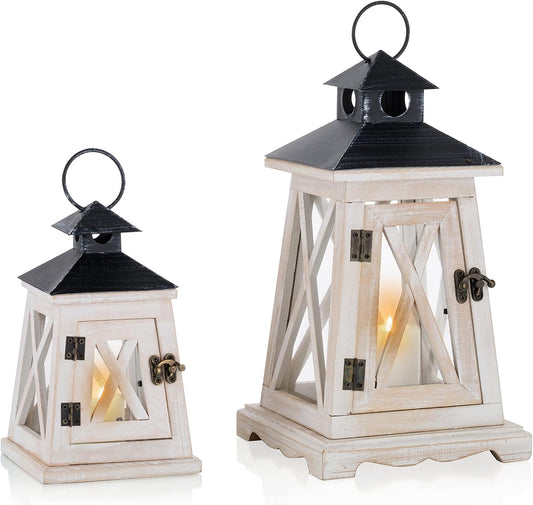 Sziqiqi Decorative Farmhouse Candle Lanterns Wood Metal Vintage Hanging Lantern for Patio Tabletop Indoor Outdoor Porch 2 Pack