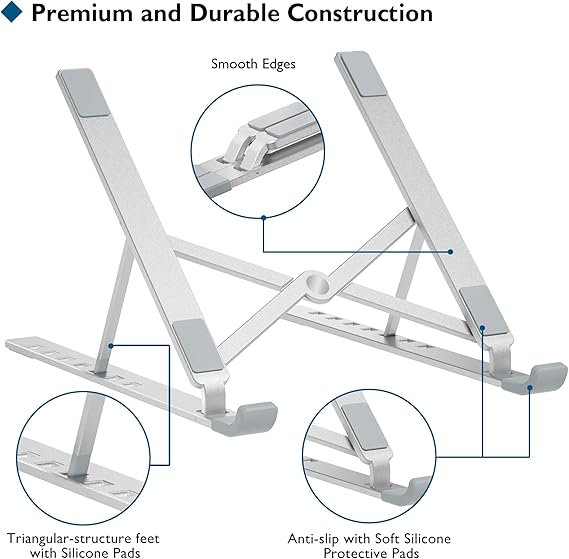 BONTEC Portable Laptop Stands for 10-17.3 inch Laptops Tablet, 7 Levels Height Adjustment Aluminum Laptop Computer Riser, Ventilated Cooling Desktop Laptop Holder Supports up to 20KG