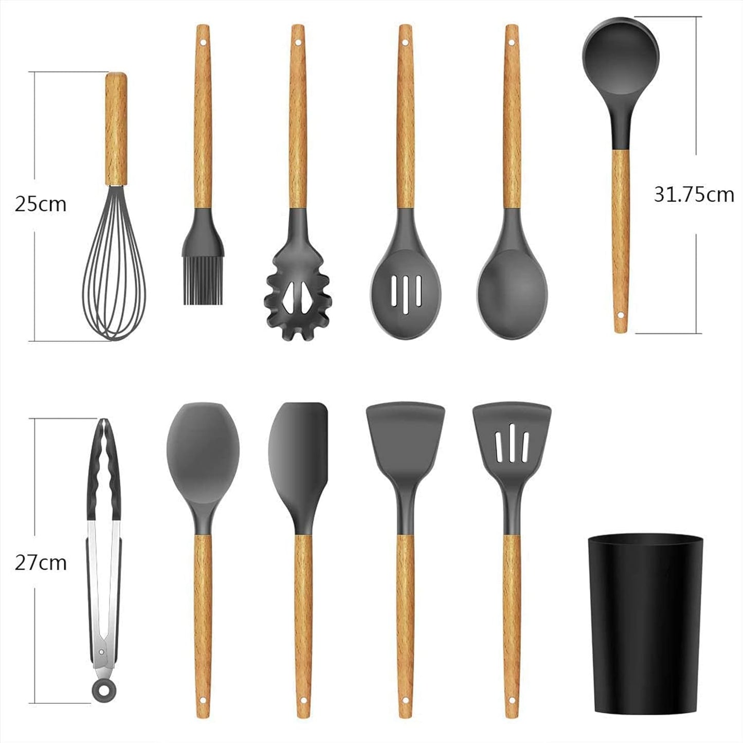 Kitchen Set, 12 Pieces, Silicone Spatulas and Spoons, Heat Resistant, Wooden Handles (Black)