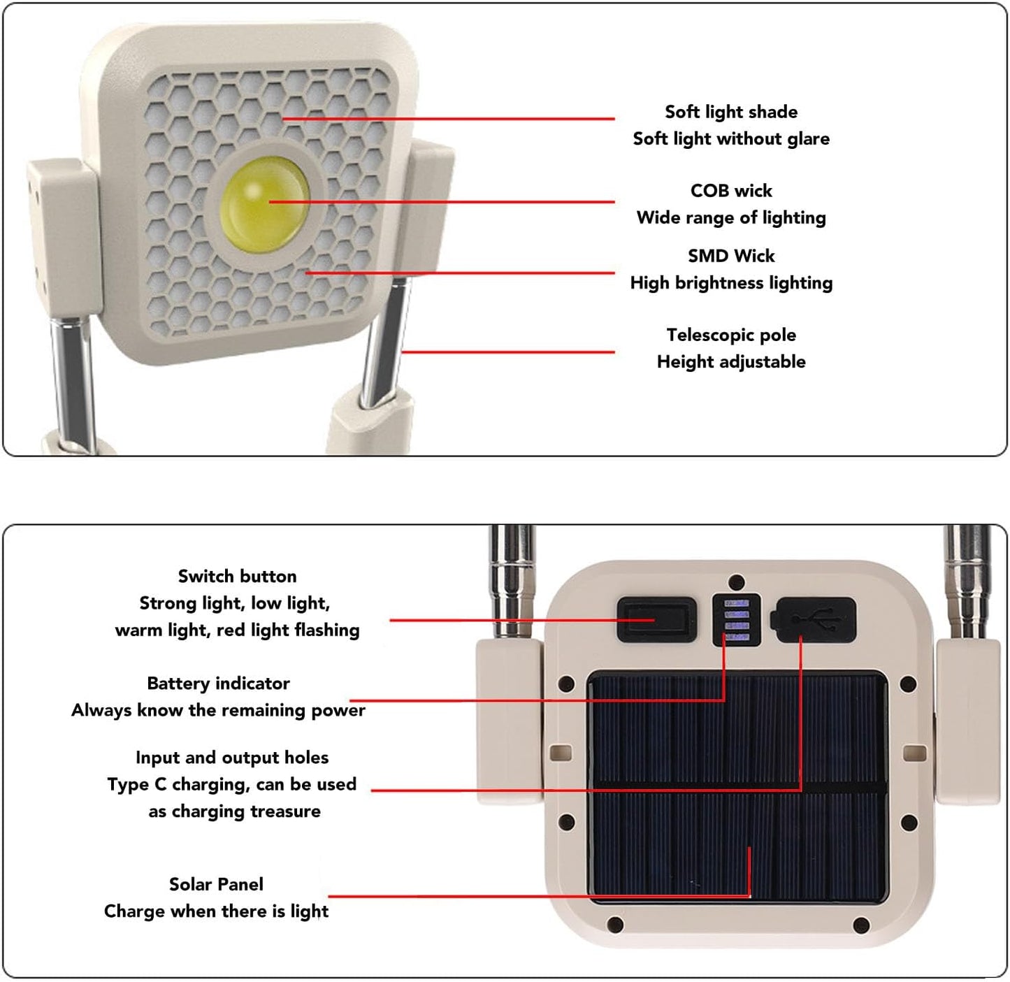 Solar Work Lights, Solar Powered Work Lights, Rechargeable Work Light for Outdoor Camping, 10000LM High Brightness, Adjustable Height