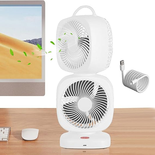 Small Bedside Fan - Dual Head Tower Fan Portable Desk Fan - Small Room Cooling Fan with 350 Degrees Oscillation for Tabletop, Camping, 5 Speed Settings