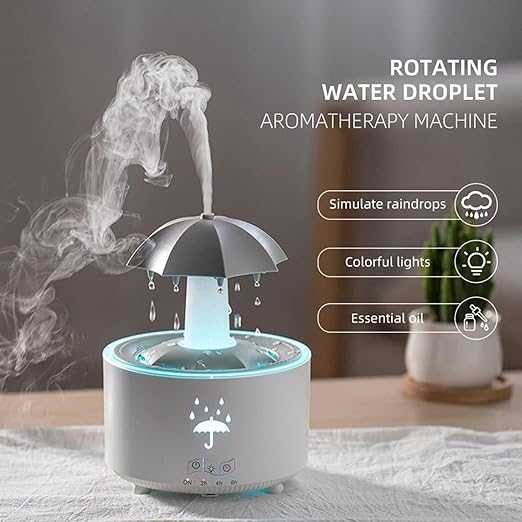 Umbrella Humidifier, Umbrella Diffuser with Rain Effect, Rotating Umbrella Drop 7-Color LED Aromatherapy Diffuser, 300ml Essential Oil Humidifier with Remote,Auto Shut-Off(White)