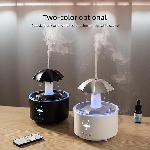 Umbrella Humidifier, Umbrella Diffuser with Rain Effect, Rotating Umbrella Drop 7-Color LED Aromatherapy Diffuser, 300ml Essential Oil Humidifier with Remote,Auto Shut-Off(White)