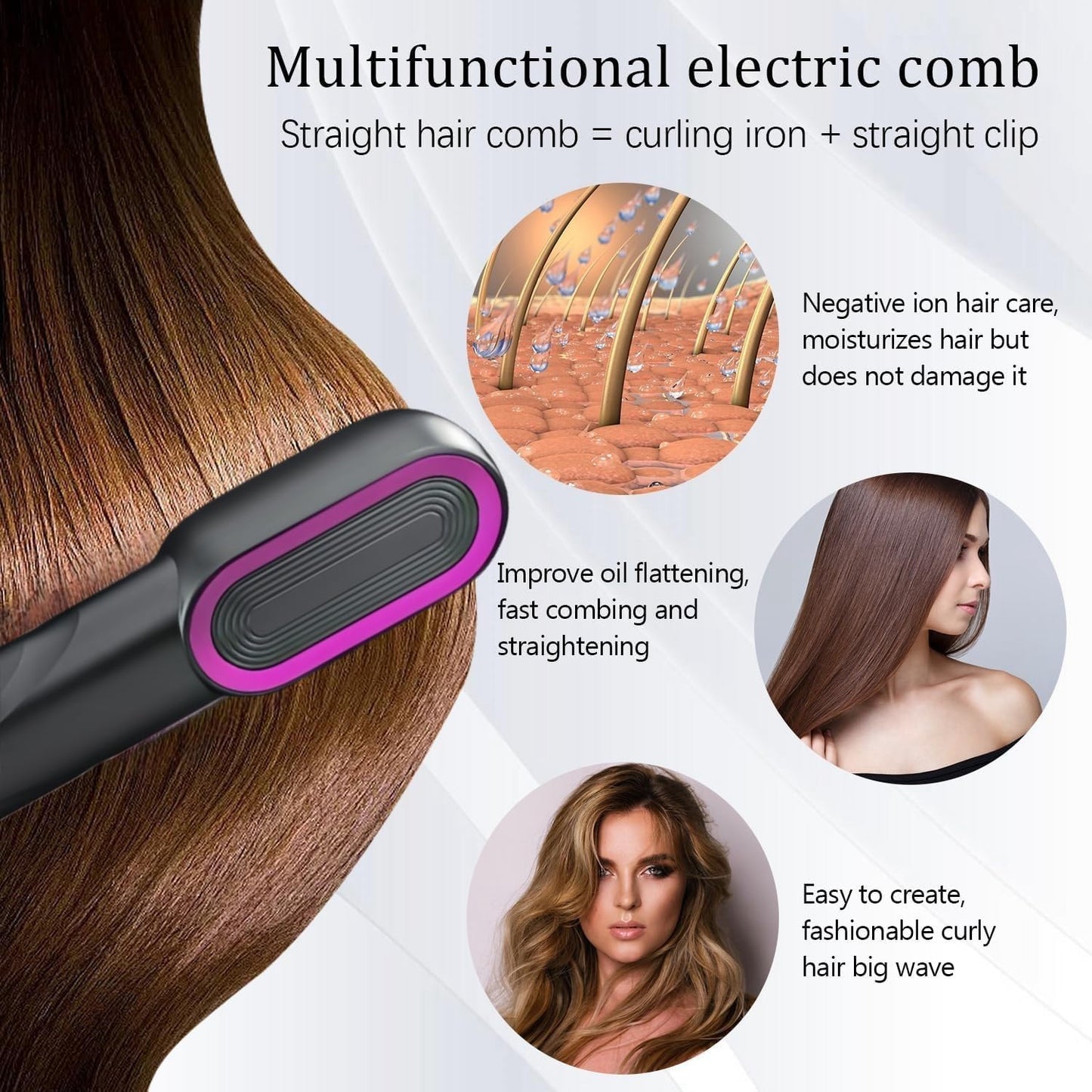 Straight Hair Comb, A Straightener with a Built-In Comb, Fast Heating and 4 Temperature Settings. Usb Charging, Straight Hair, Curly Hair, Various Hair Salons