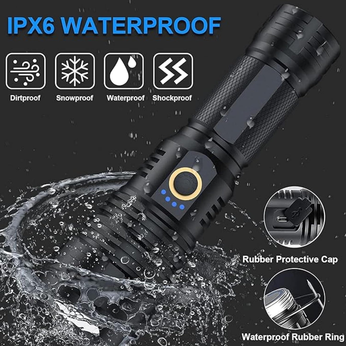 P 90 Super Light Rechargeable Flashlight 90000 High Lumens, High Power Led Flashlight, XHP70.2 Powerful with Zoomable, 5 Modes, IPX7 Waterproof, Flashlight for Camping, Hiking, Emergencies