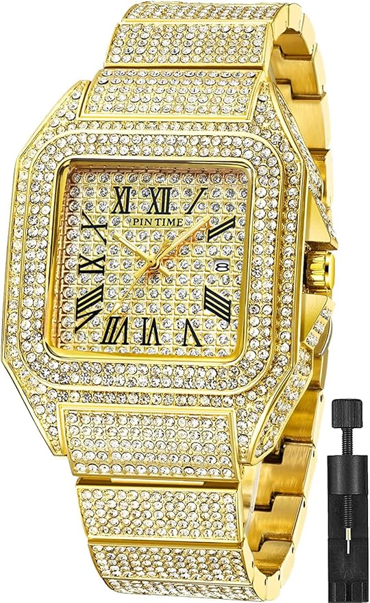 Gosasa Fashion Hip Hop Men's Crystal Watch Bling Bling Watch Rectangle Case Stainless Steel Quartz Analog Bracelet Wristwatch