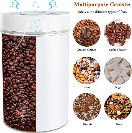 OSTOE Coffee Vacuum Canister Coffee Bean Storage Coffee Jars for Counter Vacuum Seal Container Airtight with Electric Airtight Lids, Stainless Steel Coffee Canister for Ground Coffee 1.8L White